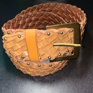 CAbi Wide Woven Brown Braided Leather Belt Bronze Stud Accents Size 40” x 2”